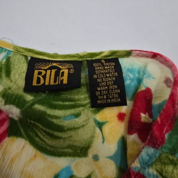 Vtg Bila Tropical Green Button Down Dress Midi Length Floral Colorful Beach S - Picture 3 of 13